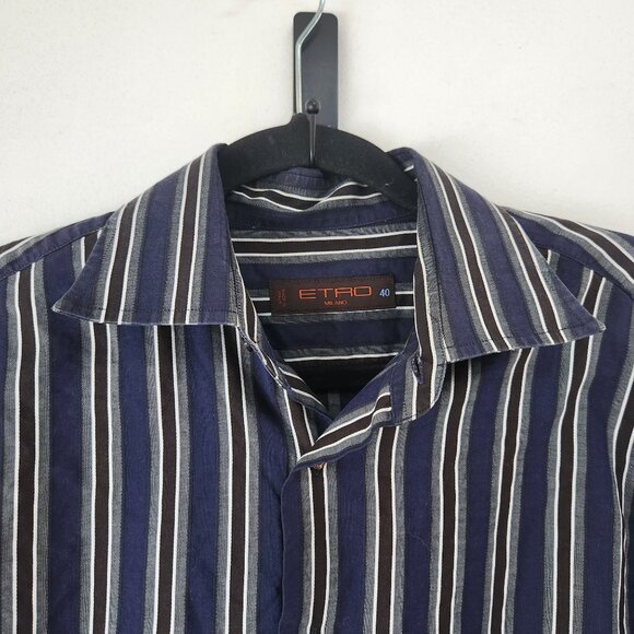 Etro Men's Button Down Long Sleeve Dress Shirt Blue Striped Modern Size 40 (M) - Picture 3 of 8